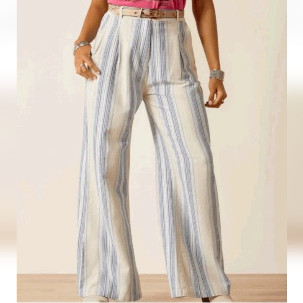 Ariat Linen Pleated Wide Leg Butler Trouser Pants Sky Nautical Striped XL New